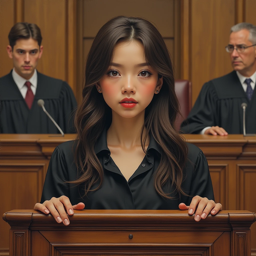 "A detailed and lifelike close-up drawing of a young woman standing behind the witness stand, her hands resting on the stand as she speaks with a neutral expression. The stand is prominently featured, with fine wood details, and the background includes the judge, jury, and courtroom officials, slightly blurred to maintain focus on the woman at the stand."