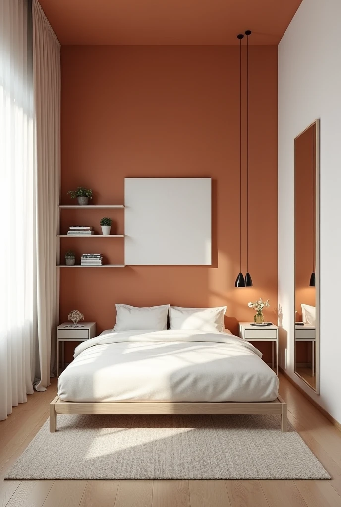 Design a room with 5m x 5m Walls and colors:

Choose one of the walls to be the terracotta wall. You can color this wall in a terracotta tone.
The other three walls should be painted white..

Furniture:

bed-in:

Draw the double bed (1.96 x 2.10m). To simplify, place the bed against the wall opposite the terracotta wall. The length of the bed (2.10m) must be aligned with the wall.
The bed will take up a significant portion of the space, so make sure to leave space around for circulation.

nightstand:

Place a small bedside table (or floating shelves) Beside the bed. Essas podem ser desenhadas como retângulos pequenos Beside the bed.
wardrobe:

Place the wardrobe on the wall opposite the head of the bed or on one of the side walls.. To simplify, draw a rectangle to represent the closet.
mirror:

Add a mirror to the side wall or inside of the wardrobe door. It can be a narrow rectangle.
Mattire:

Draw a small rug in front of the bed, centred.
Shelves or Plants:

Add shelves above the bed or next to the wardrobe, represented by horizontal lines or small rectangles.                                                                                                                            
view from above, TO SEE THE WHOLE ROOM