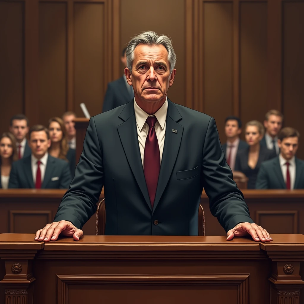 "Illustrate a realistic image of a middle-aged man standing behind the witness stand, his hands gripping the edges as he testifies with a serious expression. The witness stand is central to the composition, showing its polished wood and craftsmanship, while the background includes the judge and jury, slightly blurred to draw attention to the man at the stand."