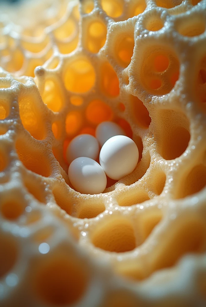 A honeycomb-like formation in meet, with white eggs in it, trypophobia 