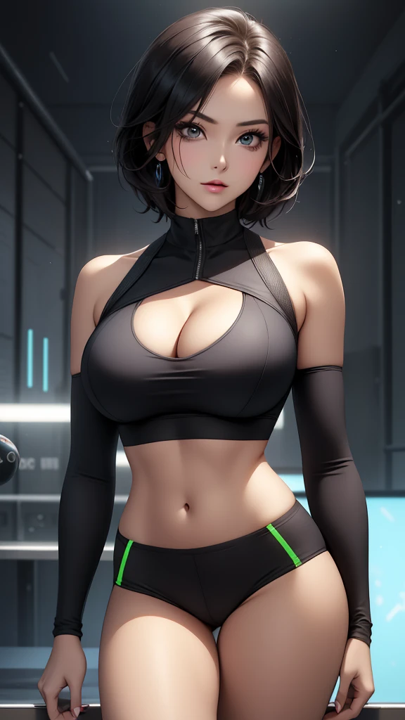 Futuristic, neon, Sexy, cool, young woman, bob hair, killer looks, sexy sports bra top, cleavage, perfect breasts, professional makeup, cool expression, charismatic, stunning, sensual, sexual