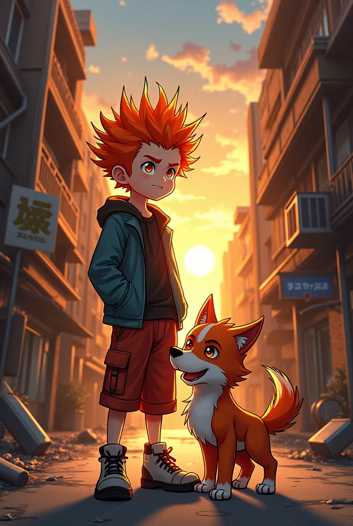 Generates an anime boy with 16 year old chainsaw man orange hair with a chainsaw on his head and with his pet a demon dog named pochita