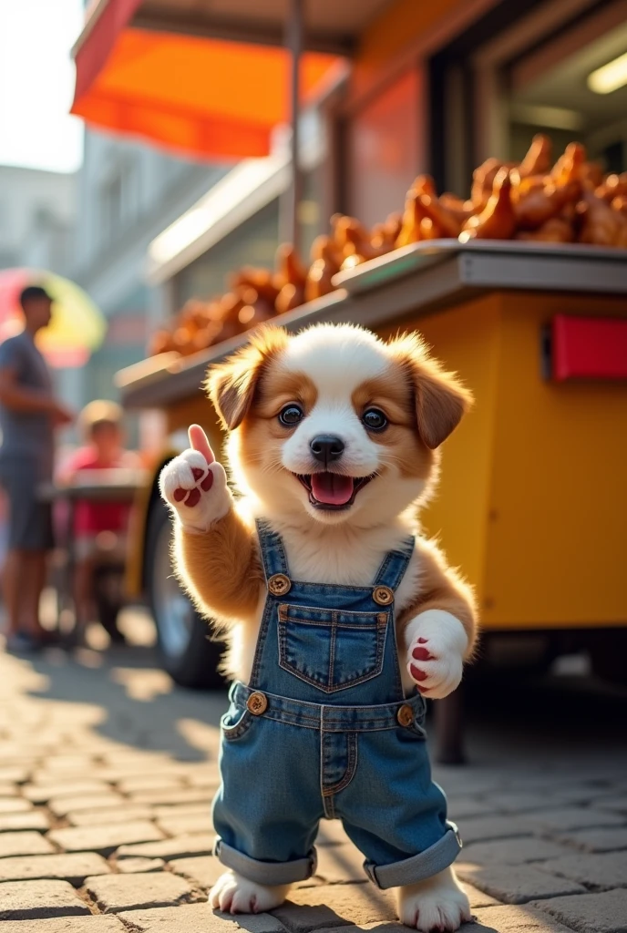 {
"prompt": "A brown and white puppy, wearing denim overalls, stands in front of a grilled chicken cart. The puppy has one hand raised and pointing to its head, showing it has an idea, with a wide, joyful smile. The cart features visible trays of grilled chicken, and the scene has a lively, street food atmosphere.",
"aspect_ratio": "9:16"
}
```⬤