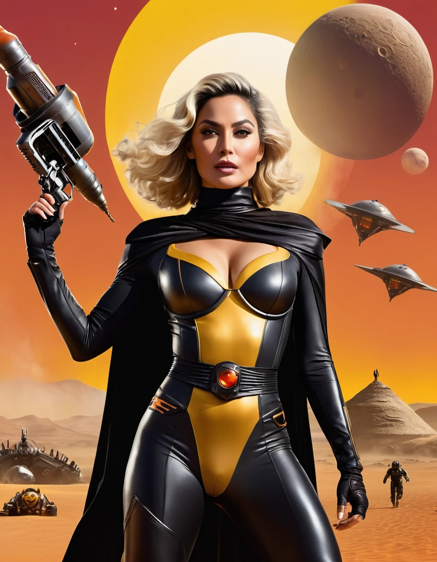 High quality, 2020s sci-fi movie poster, titled “Queen of the Final World” in bold large Yellow text on top.  In the center is a (40 years old), voluptuous ((middle eastern woman)), dramatic leaping action pose, both hands holding a raygun, wide chin, big nose, broad shoulders, wide hips, thick thighs, blonde hair, red plastic helmet, golden shoulder pads, plunging neckline, (bare midriff), thigh-high boots, black cape. Other character headshots fill thr frame.  beetle-men on desert alien planet, a smoldering crashed spaceship in the background, orange sky with two moons, ((full body shot))