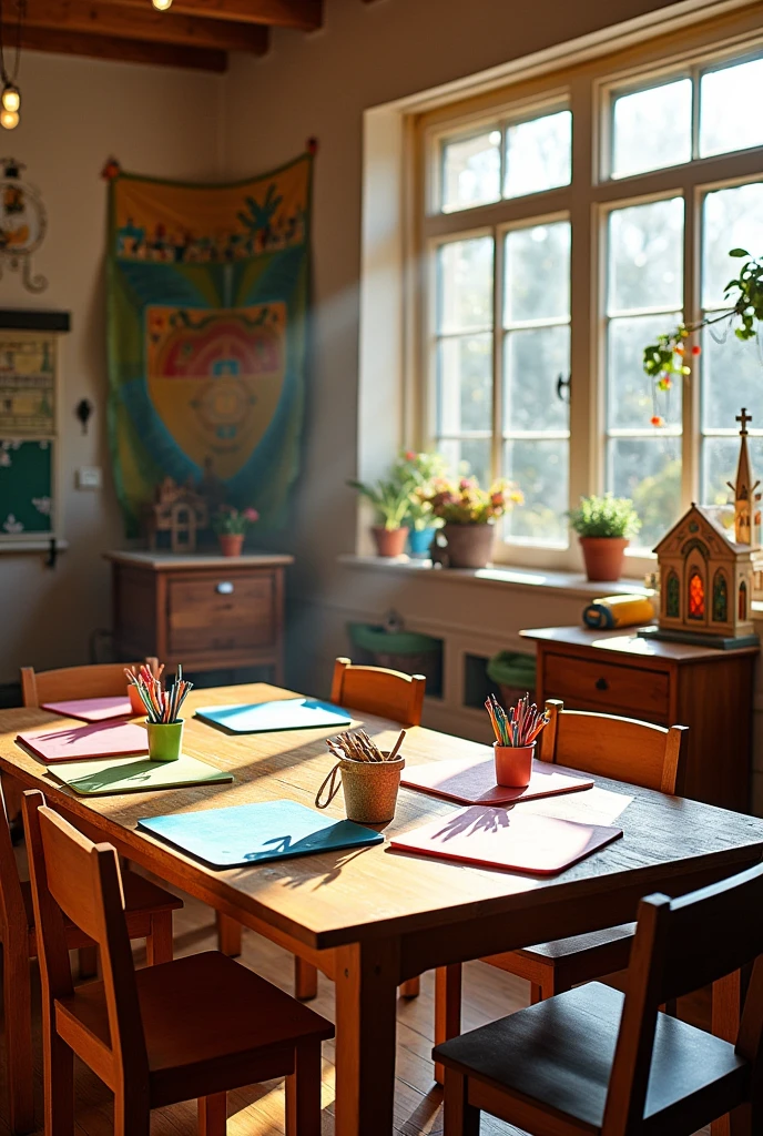 Decorate a classroom with a mini pyramid, church, altar and dining table