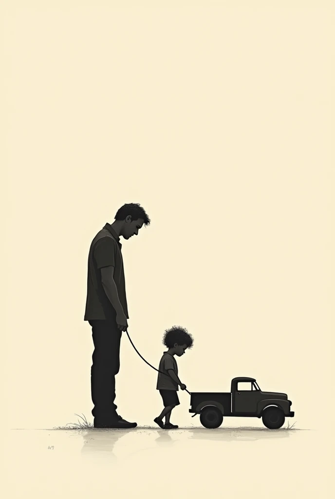 Image of father and son holding hands, the son pulling a truck with a rope, both of them back to back as if they were walking, the image in the form of a minimalist drawing.
