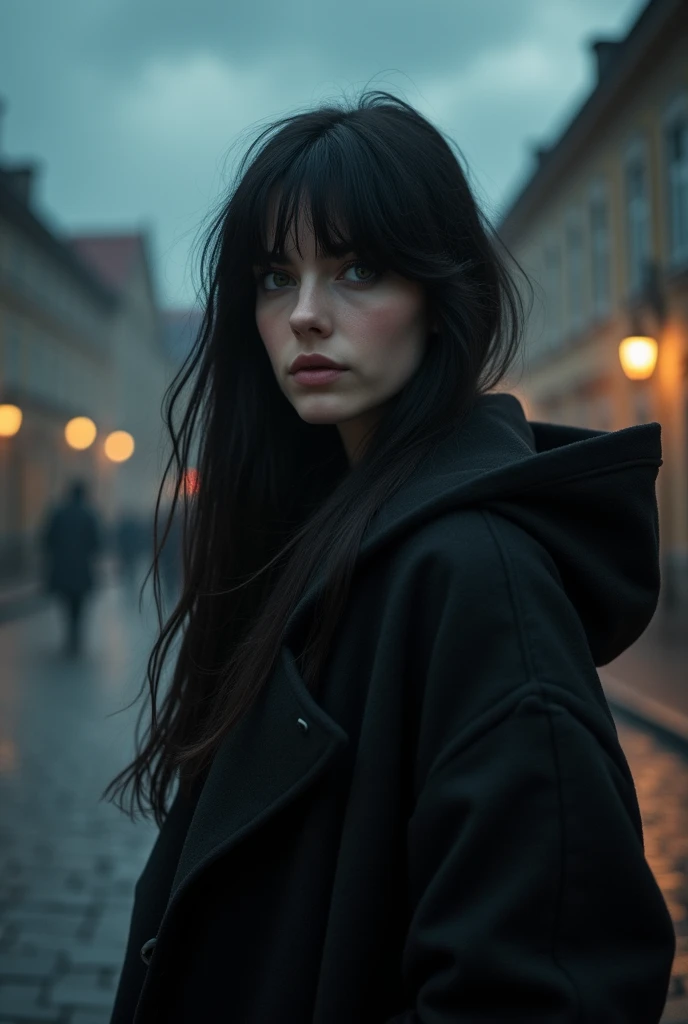 young woman, series, with dark green eyes and very long black hair with side-swept bangs, wearing an overcoat, mysterious
