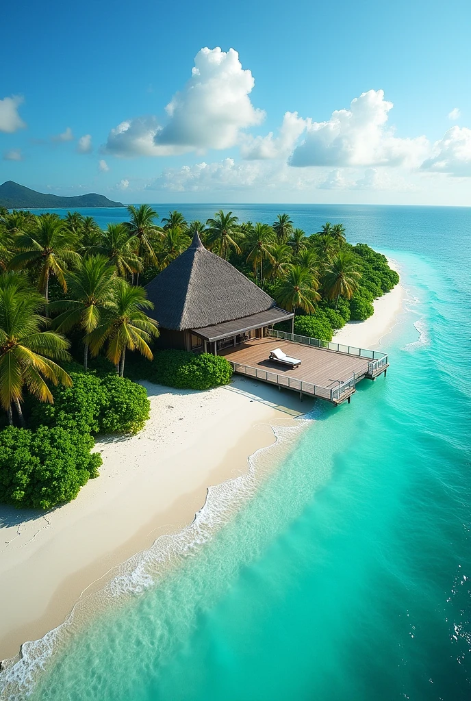 tropikal island from sky
trees 
alone big house 
dock
sea 
beach 