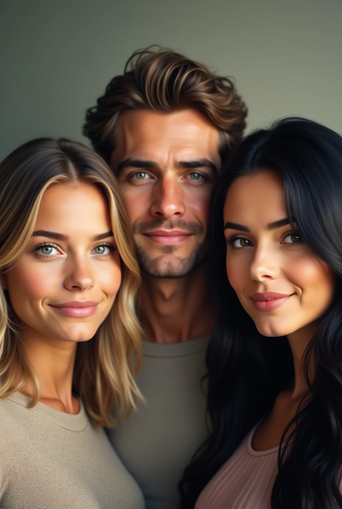 logo: appearing only from the neck up: a 23-year-old sister, with medium blonde hair but light brown at the roots and green eyes. a brother in the middle, 30 years old, without a mustache or beard, with brown hair. a 31-year-old sister with black eyes and long, straight black hair.