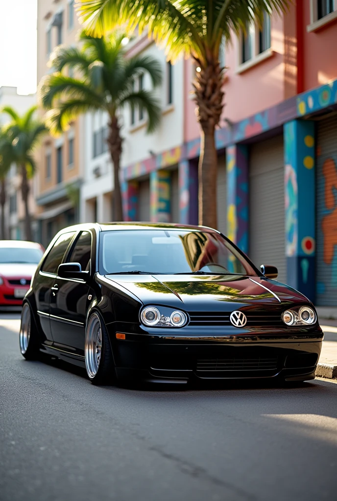 From the Brazilian automotive scenario, make a Volkswagen Golf black version/2000 silver lowered with 20 inch wheels
