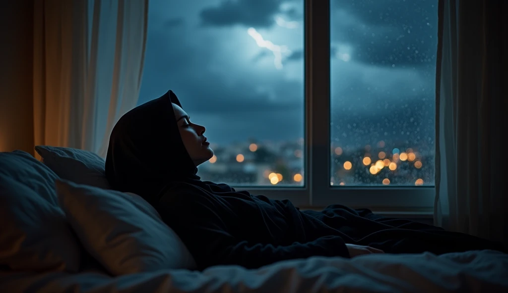 Rain sleep Muslim woman black veil glass window sleeping in a room with lightning rain