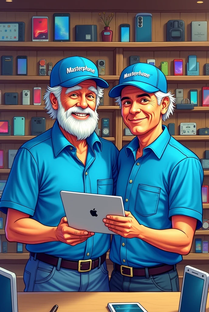 Create image of a man with 50 years old white hair blue cap with the word masterphone written on it and a blue shirt, With this man behind a counter in a phone accessories store and next to this man another 30-year-old man in the same uniform holding an Apple notebook, I would like a realistic cartoon image, with both of them looking at the camera