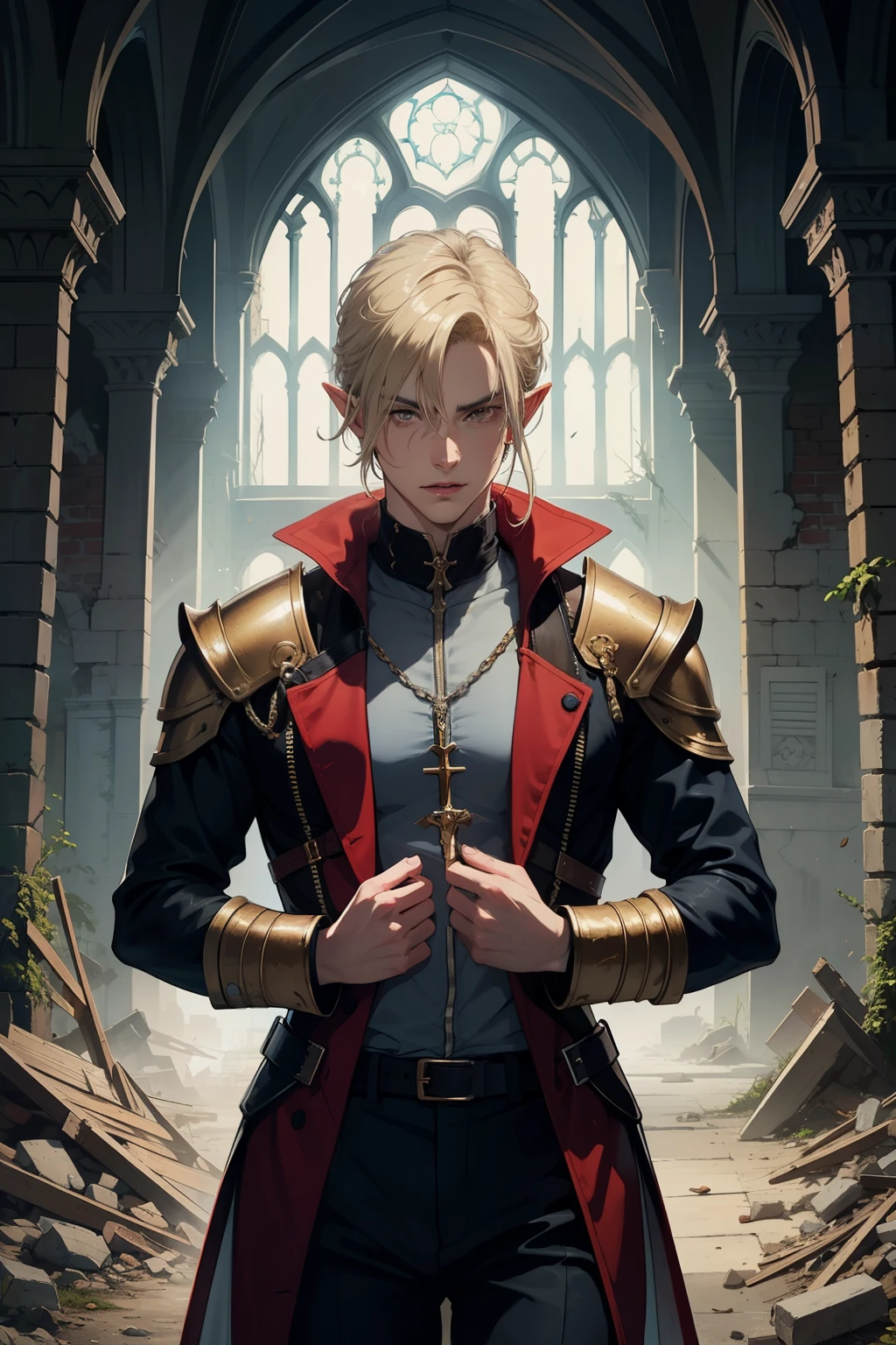 d character&d, paladin, half-elf,naughty man, 24anos, average size, 1,82m, 85kg, offwhite, yellowish brown eyes, blond, narcissist, chic, of noble family, but finished, alone in the middle of a ruined church, with the correct eyes