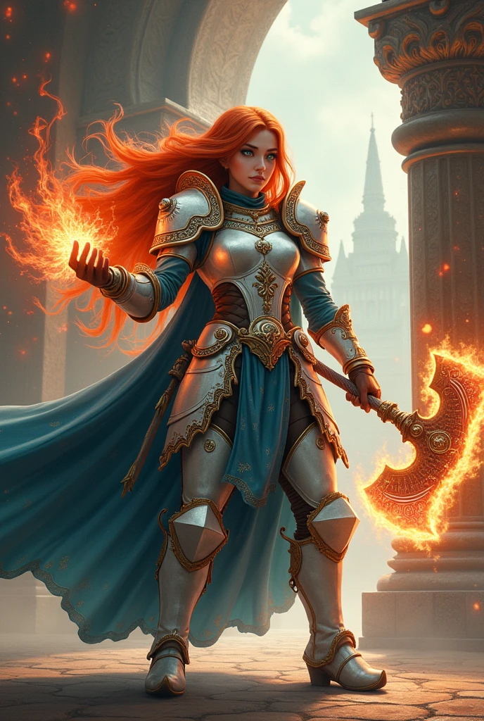 high details, best quality, 8k, [ultra detailed], masterpiece, best quality, (extremely detailed), dynamic angle, ultra wide shot, photorealistic, fantasy art, dnd art, rpg art, realistic art, an ultra wide picture of female dwarf cleric, holding axe with red fire on it , casting a spell, LnF wearing heavy armor, white armor (best details, Masterpiece, best quality: 1.5), blue cloak (intricate details, Masterpiece, best quality), holy symbol,(best details, Masterpiece, best quality: 1.5), from symbol GlowingRunes_paleblue, beautiful female dwarf, ultra detailed face, ultra feminine, red hair, intense eyes, green eyes, D&D female dwarf (best details, Masterpiece, best quality: 1.5) fantasy temple background, celestial background, ((divine worship atmosphere)), high details, best quality, highres, ultra wide angle