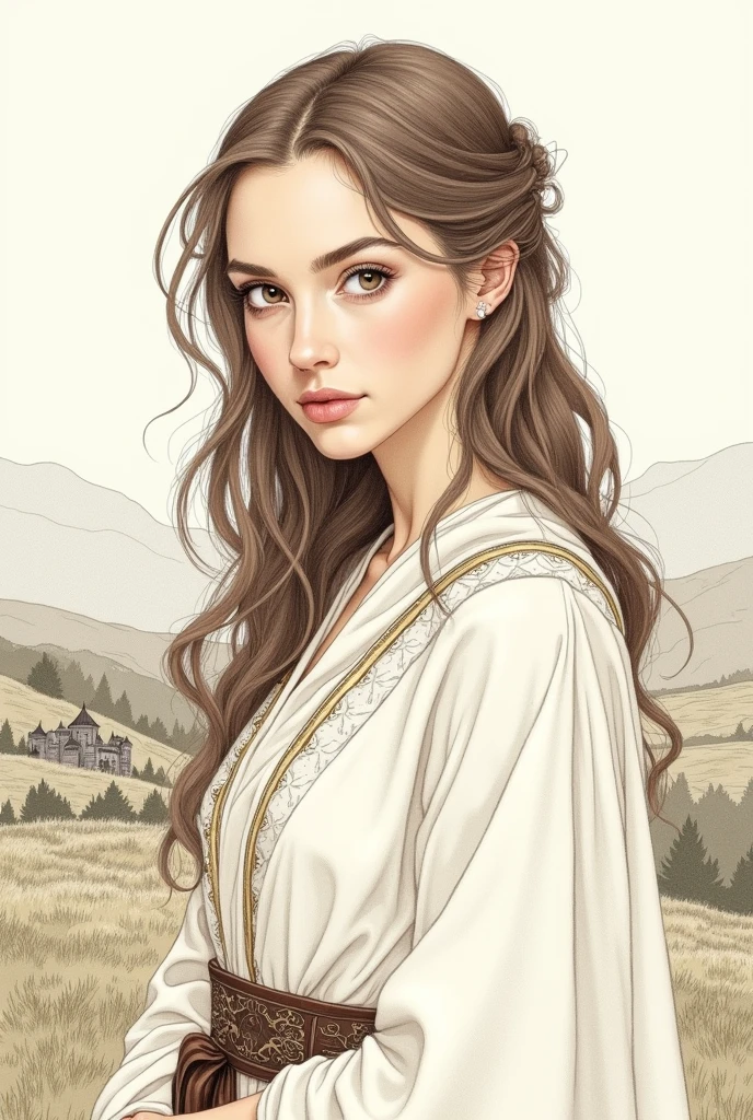 A light-skinned woman, straight brown eyes and hair, full lips, thin physique and white or light colored Viking clothing Delicate line drawing style