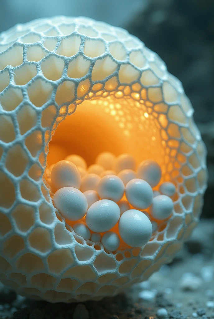 A honeycomb-like formation inside a body, with white eggs in it, trypophobia 
