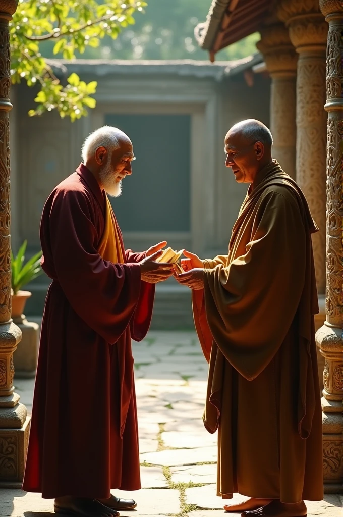 Video of old monk handing 2 scrolls to middle aged student