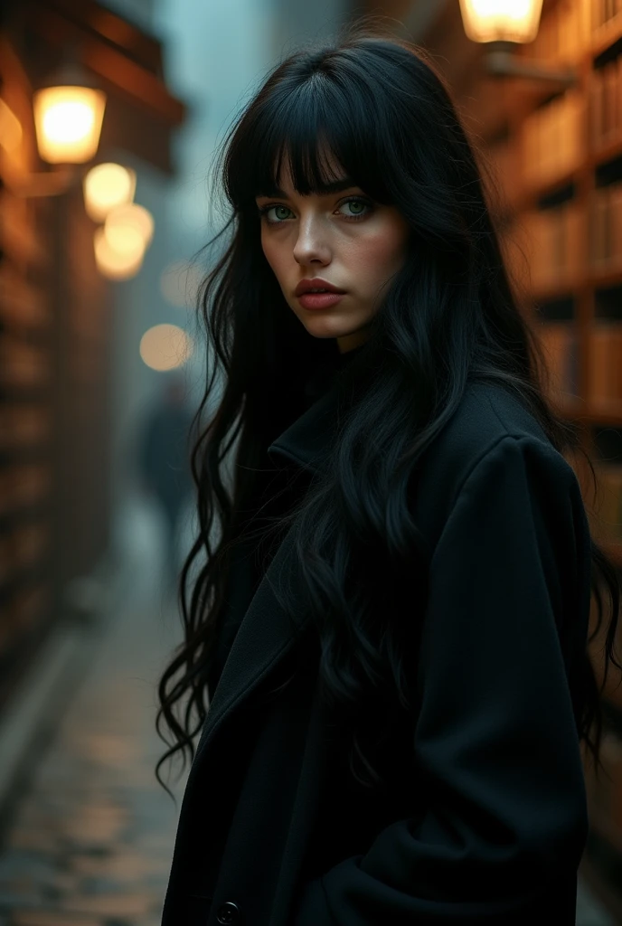 young woman, series, with dark green eyes and very long black hair with side-swept bangs, wearing an overcoat, mysterious, olive skin have 