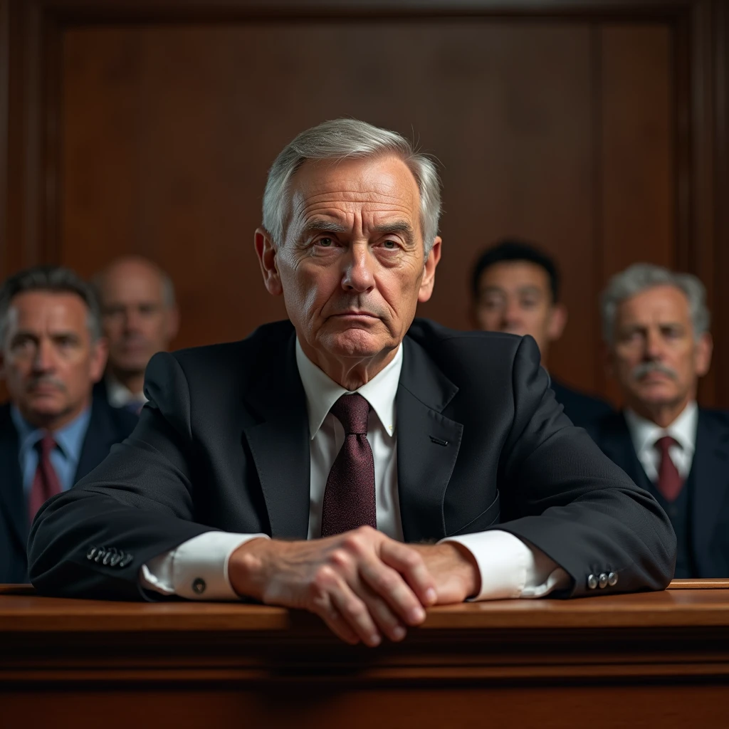"A hyper-realistic close-up image of a middle-aged man standing at the witness stand, his hands tightly gripping the edges of the stand. His face is serious and composed, with the wooden stand prominently featured in the foreground. The background is slightly blurred, showing the judge and jury focused on the testimony."