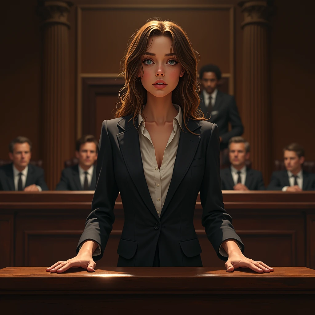 "A highly detailed illustration of a young woman standing at the witness stand, both hands firmly resting on the stand’s surface as she delivers her testimony. Her expression is calm but intense. The witness stand, made of polished dark wood, is central to the scene, with the judge and jury in the background, slightly out of focus."
