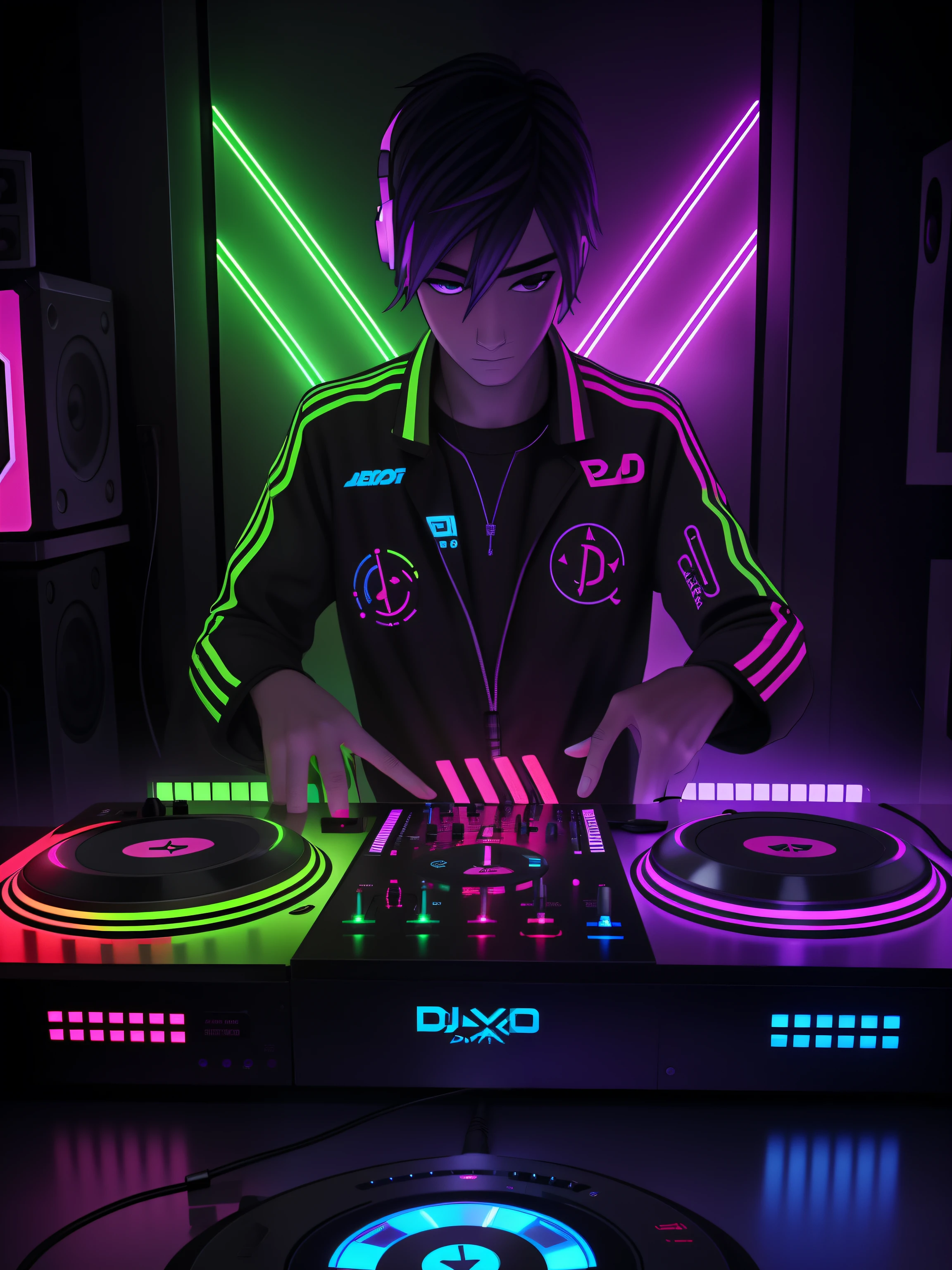 Detailed DJ Boy DJ Controller with Neon, Super vibrant musical lights.