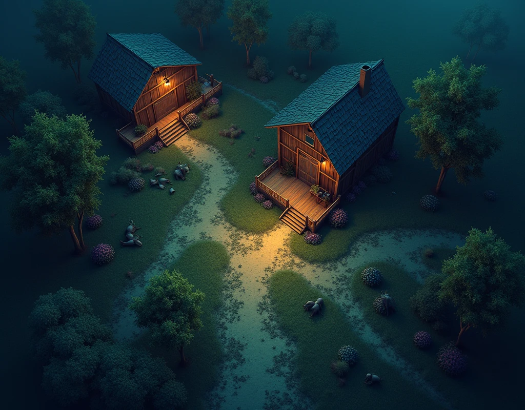 vampire the masquerade, map rpg, (map of a farm with some animals), game art, birdseye straight top-down shot from a drone, battlemap, current modern theme, seen from above, role-playing game, empty location, nighttime environment, (with realistic proportions and textures, intricate details, handdrawn, vibrant, cinematic lighting, masterpiece, 8k:1.2)