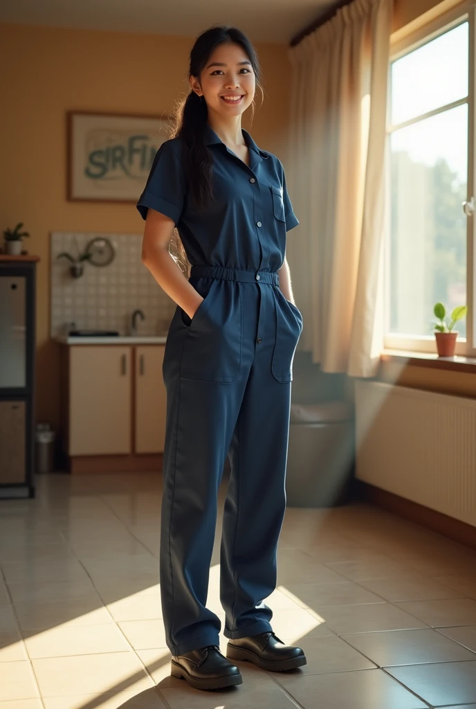 22 year old white girl dressed as a middle age cleaner long black hair