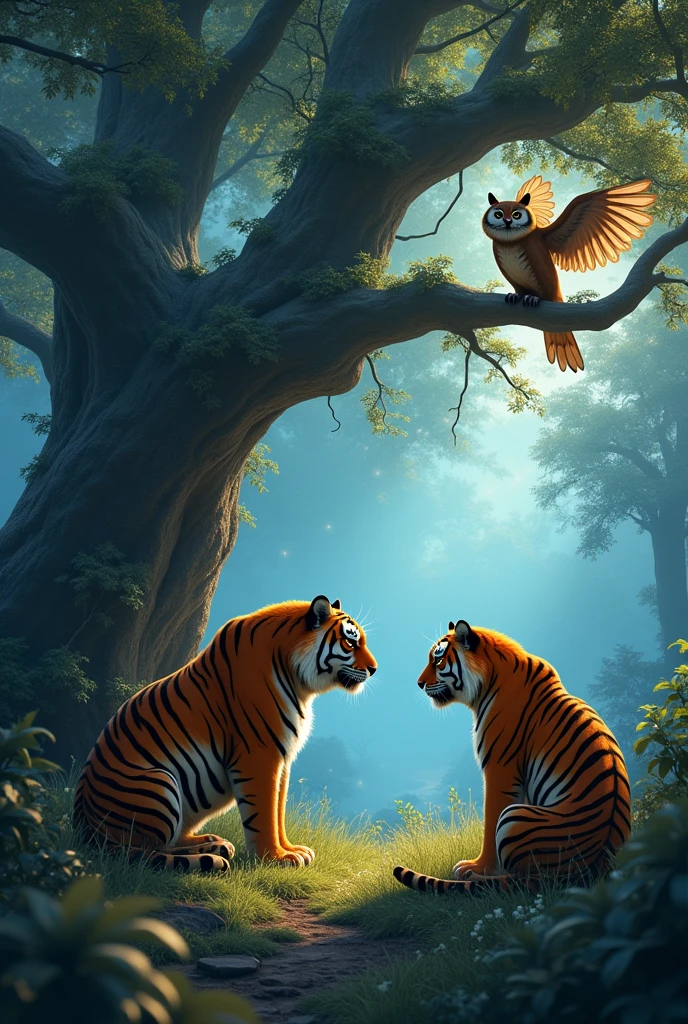 While the wise owl is telling something to the mighty tiger, a tree that reaches to the sky appears behind them