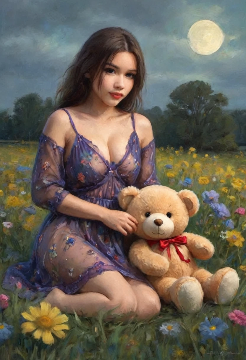 A cute woman (age 20, giga breasts, sheer night gown brightly colored, no underwear) is rolling in a field of flowers at night playing with her teddy bear, sultry poses to viewer