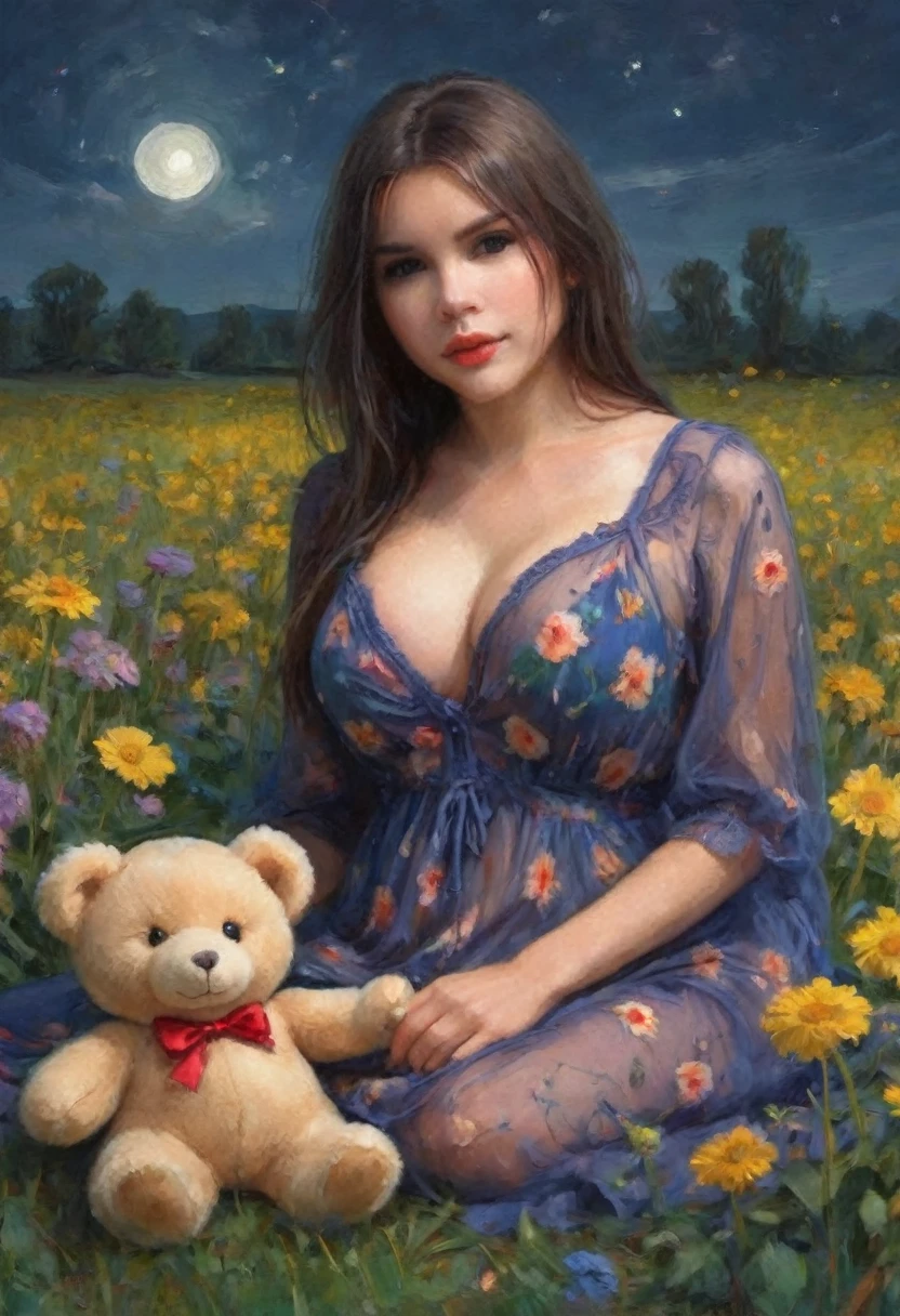 A cute woman (age 20, giga breasts, sheer night gown brightly colored, no underwear) is rolling in a field of flowers at night playing with her teddy bear, sultry poses to viewer