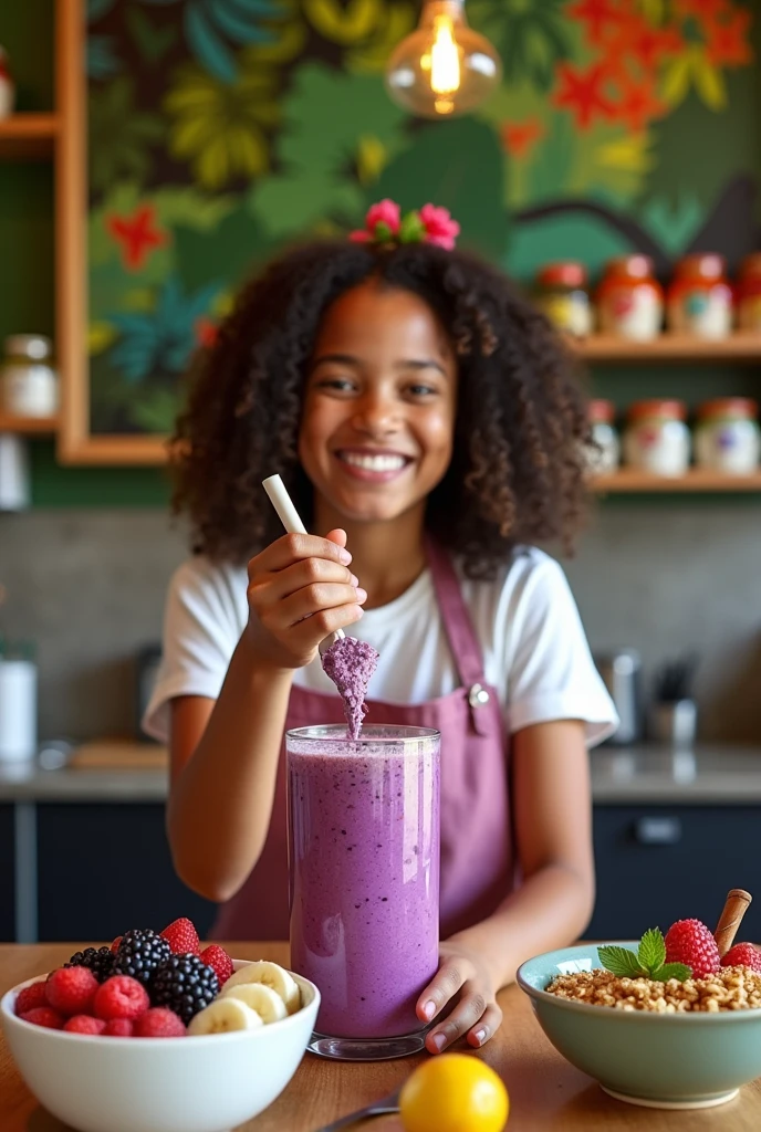 Skinny brunette , curly hair, making açaí in an açaí shop