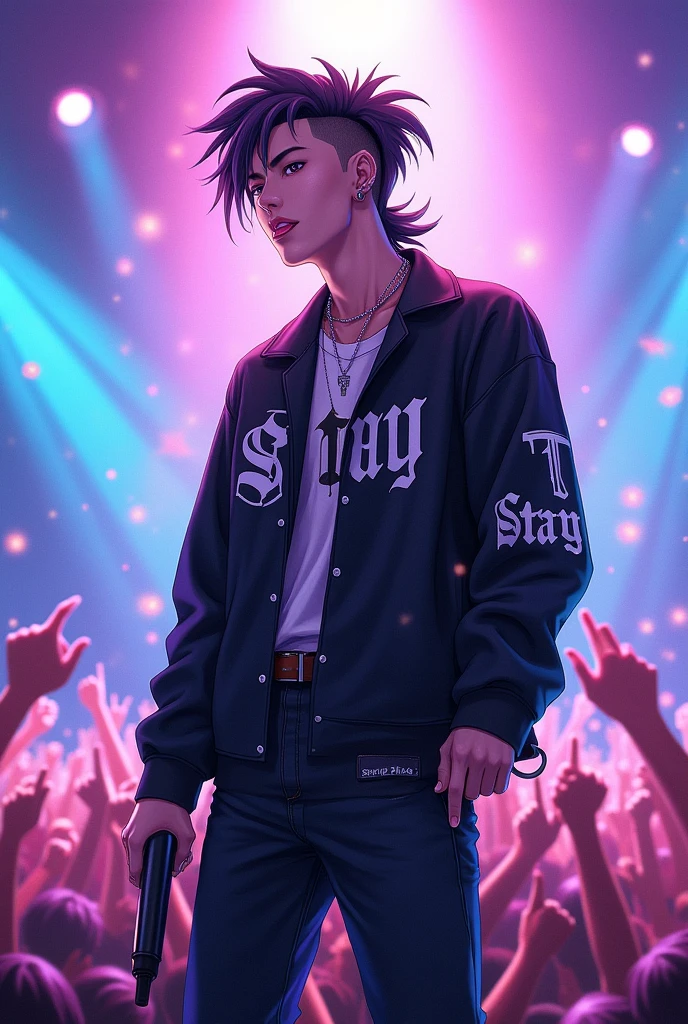 Stray Kids' HYUNJIN with a hair mullet cut and a half-up part, shaved on the sides, tongue out with a sexy face, with microphone in hand at a concert, with idol clothes and very sexy in anime and on her clothes she says Stay