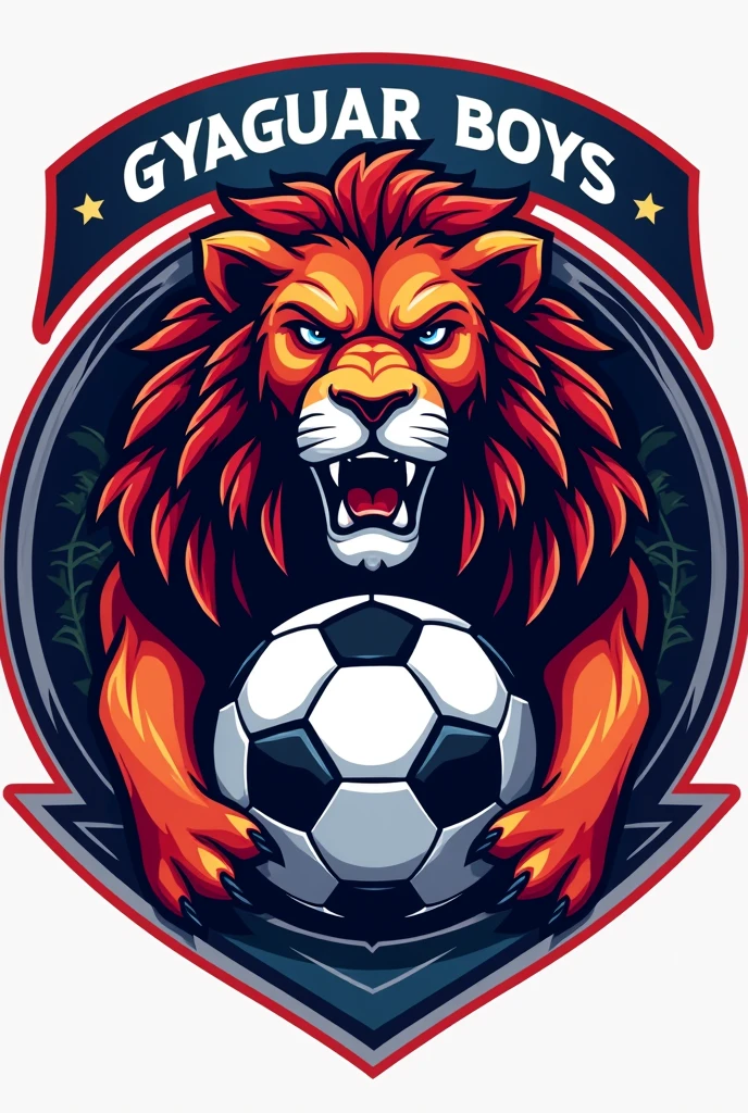 Here's a prompt for the logo design: "Design an illustrated logo for a football team called 'Gyaguar boys,' inspired by the Manchester City logo. The logo should be a circular emblem featuring a fierce, stylized lion behind a soccer ball at the center. Surround the lion behind the soccer ball with a bold ring that includes the team name 'Gyaguar boys' at the top. Use a color scheme of red, white, and blue to create a striking, dynamic look. Ensure the design includes football elements, such as a ball or goal net, to emphasize the team's sporting identity while maintaining a sleek, modern aesthetic."