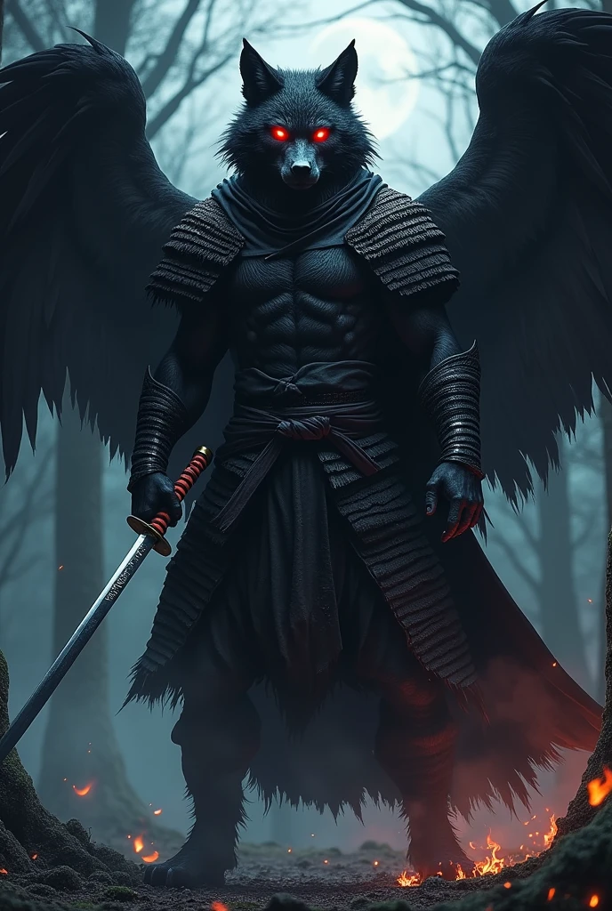 black werewolf, in samurai cloak, two katanas, black wings, burning neck.