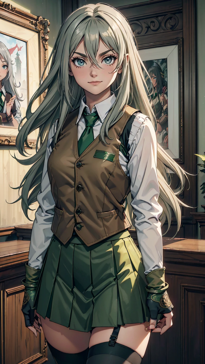 最high quality、Ultra High Definition, Ultra High Quality, Hyper Definition, Hyper Quality, Hyper Detailed, Extremely Detailed, Perfectly Detailed, Best image quality、masterpiece、woman((20-year-old、super dynamic pose , Green solid eyes, Silver long Hair、Disheveled Hair、White Grey Hair、thin,Fingerless Glove、Green Skirt, Tights, Smirk、cheerful expression、Brown School Vest , Dressed in School Uniform)),high quality、Beautiful art、background((Inside the mansion))、Written boundary depth、 dynamic pose, movie、Visual Arts、Perfect art、8K,Genuine、