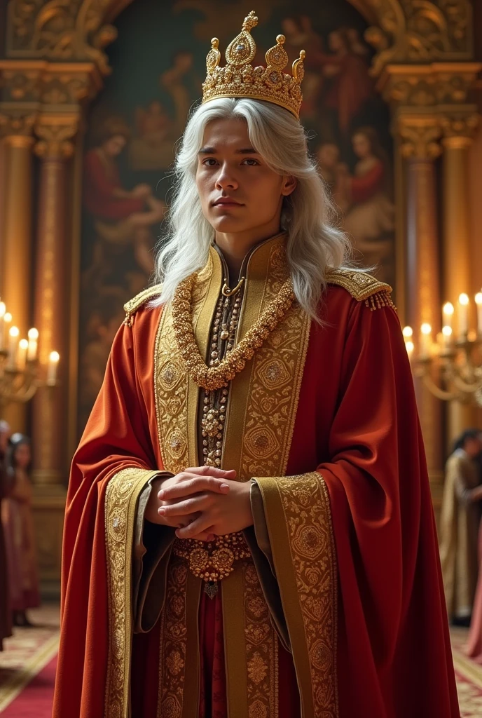 A handsome young prince with long nose wearing red saffron long cloth. Which on have gold and rare pearl embroidery. Silver hair. With great golden crown