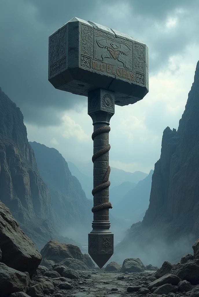 A huge mallet, with a rough stone head and engravings representing strength and ferocity. The handle is robust and reinforced with the skins of mythical beasts., providing a firm and powerful grip.