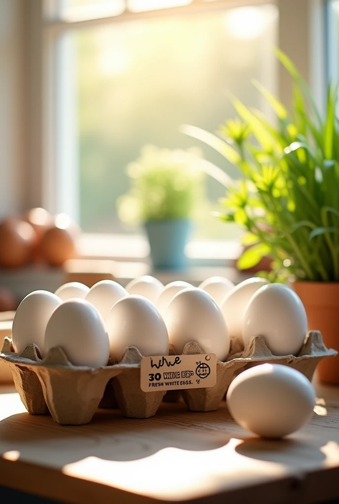 Create me an image for the promotion of fresh white eggs sold in packs of 30, DLC on the 21st/08/24. The price goes from 5,99€ for 3,99€.