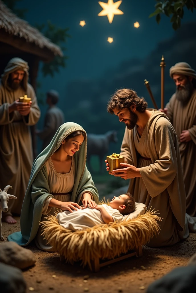 Baby jesus in menger and Maryam and Joseph goat mens around donkey is there three wise gifted jesus three gift