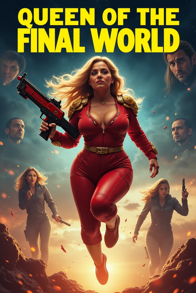 High quality, 2020s sci-fi movie poster, titled “Queen of the Final World” in bold large Yellow text on top.  Filled with headshots of other actors.  In the center is a (40 years old), voluptuous ((middle eastern woman)), dramatic leaping action pose, both hands holding a raygun, wide chin, big nose, broad shoulders, wide hips, thick thighs, blonde hair, red plastic helmet, golden shoulder pads, plunging neckline, (bare midriff), thigh-high boots, black cape.