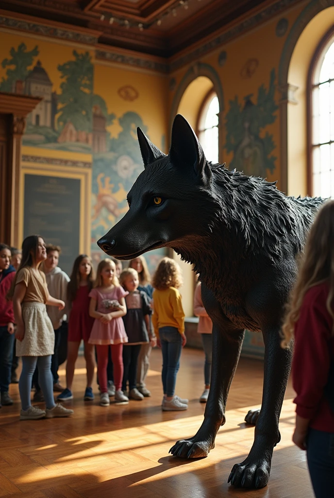 And Animated Photos of realistic sup Some young people in the museum of myths in which a wolf dog with black fur is a realistic iron statue