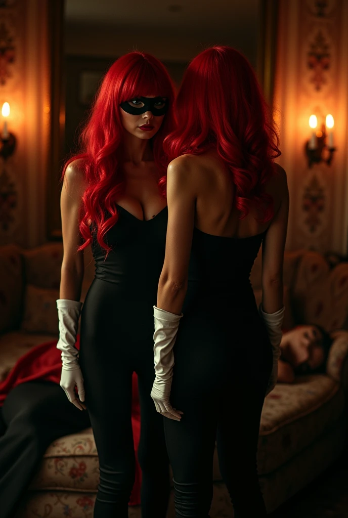 2 woman wearing a red hair wig Lons and wearing white gloves and Lons with mask who kills a woman in a hotel 