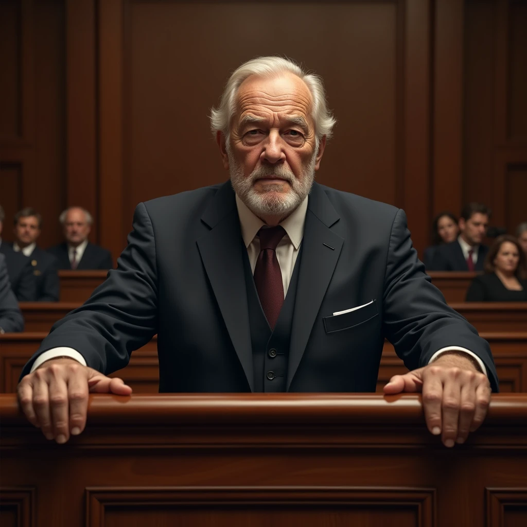 "Draw a lifelike, realistic image of an elderly man standing behind the witness stand, his hands placed confidently on the stand as he testifies. His face is set in a stern expression, emphasizing the seriousness of the moment. The witness stand, crafted from rich wood, is the main focus, with the background of the courtroom slightly blurred."