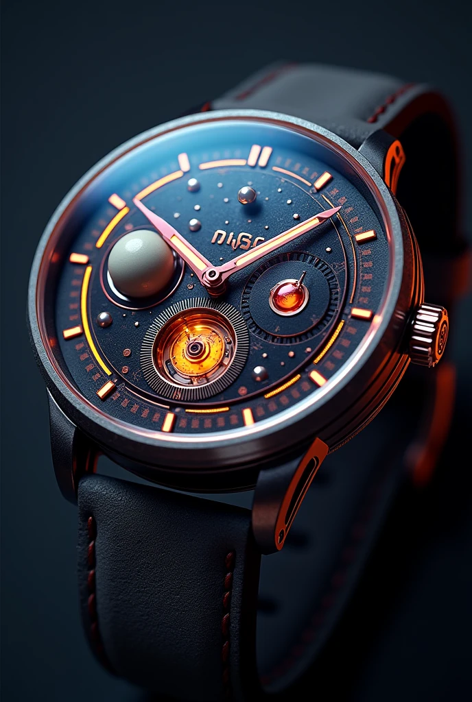 intricate, high-tech, futuristic watch, NASA-inspired, realistic solar system, orbiting planets, moons, and asteroids, mechanical gears, clockwork mechanism, celestial body-inspired clock hands, pulsing neon lights, astrological symbols, Earth rotation, calendars, and time zones, realistic space-time continuum, wormhole-inspired design, metallic finish, subtle glow, minimalist straps, Haute Horlogerie, sci-fi, Luxury Watchmaking