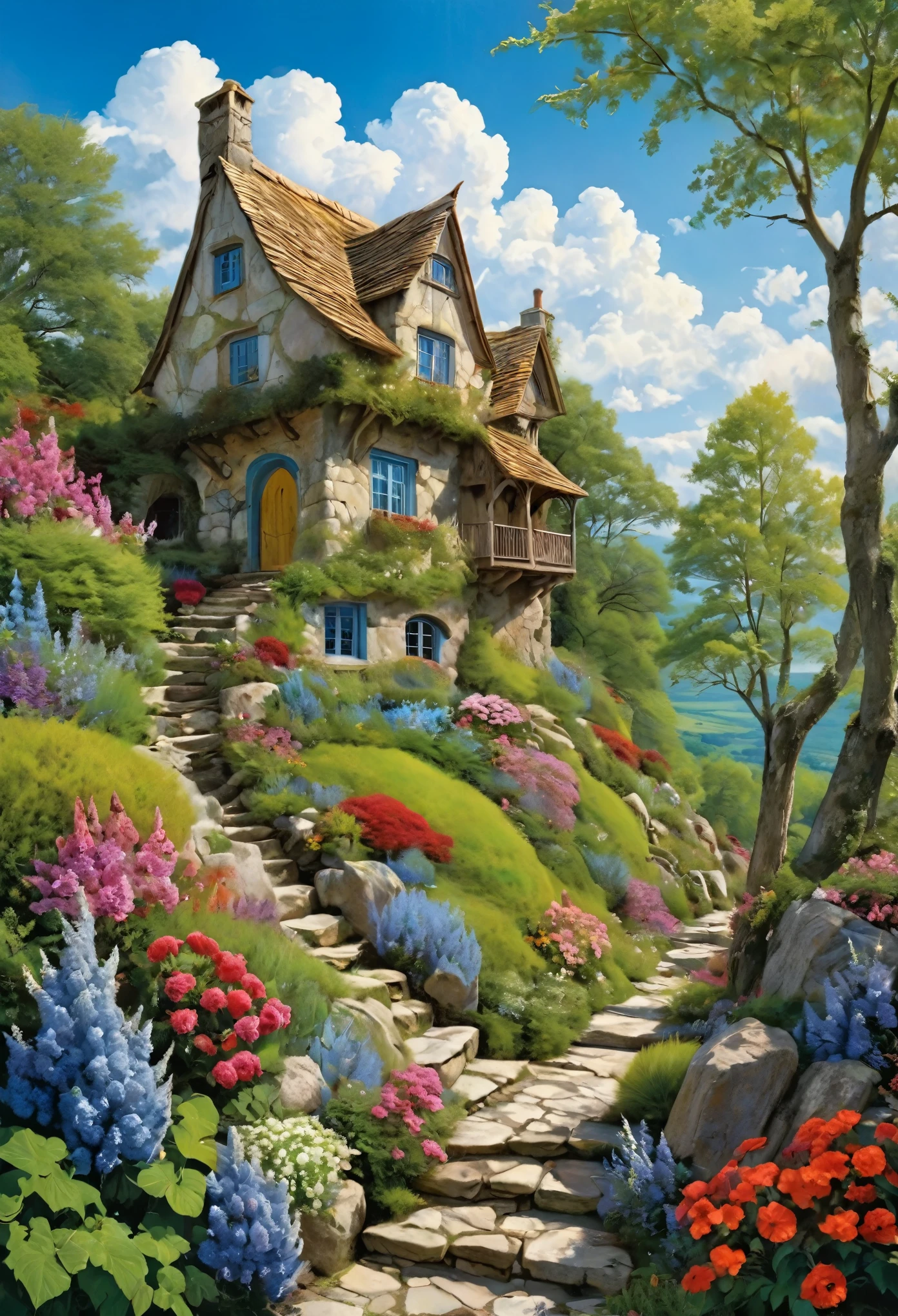 Vibrant, detailed digital painting of a whimsical, multi-story house perched on a rocky cliff. The house features a mix of wooden and stone elements, with steep, red-tiled roofs and multiple chimneys. The structure is surrounded by lush greenery, including trees, bushes, and colorful flowers, creating a lively and enchanting atmosphere. The sky is filled with fluffy, white clouds against a bright blue backdrop, adding to the overall cheerful and magical feel of the scene. The painting is rich in color and texture, with intricate details that bring the fantasy setting to life.