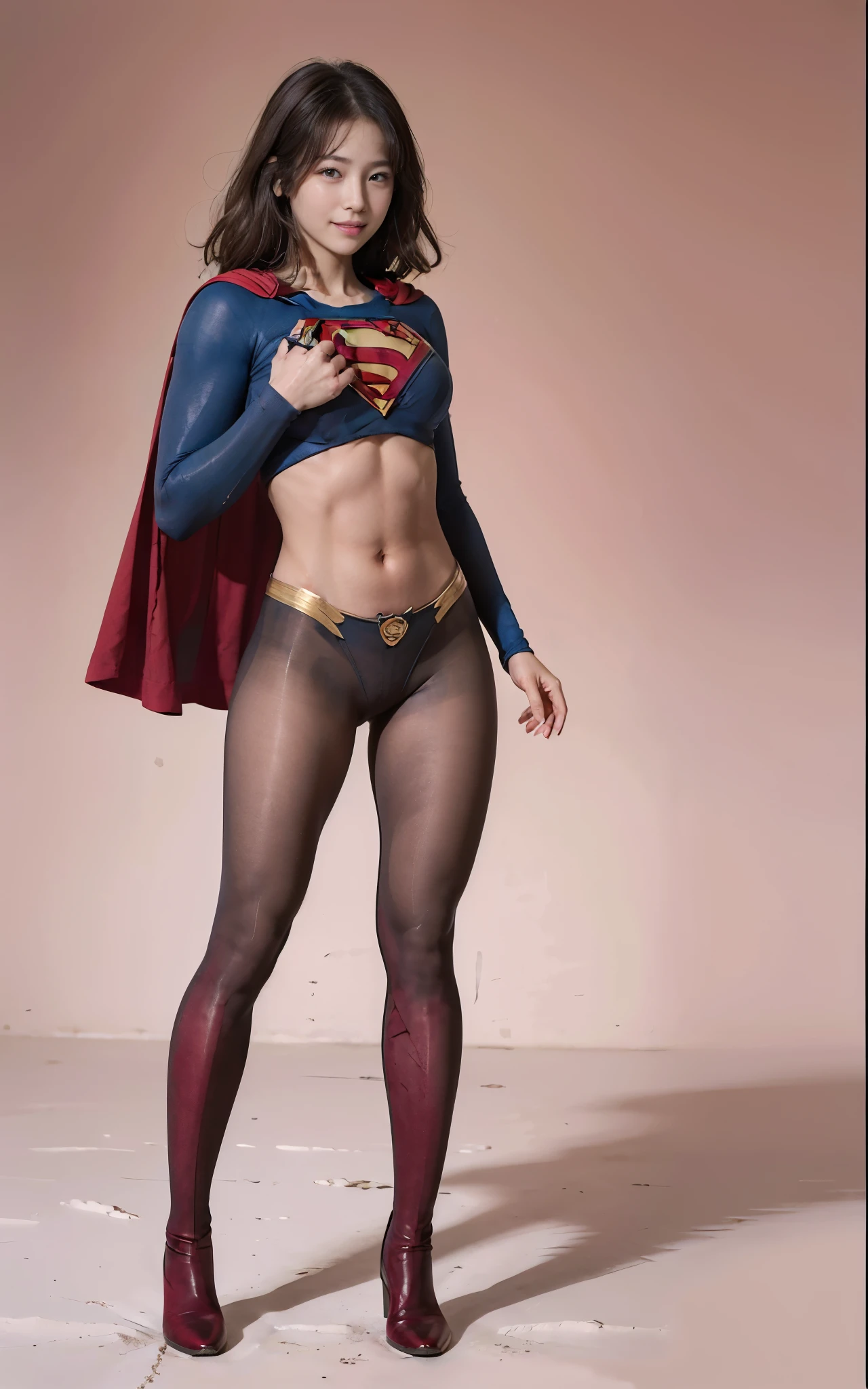 No background、(((Beautiful legs in black tights.)))、(((Legally express the beauty of your smile)))、((((Make the most of your original images)))、(((Supergirl Costume)))、(((Beautiful Hair)))、(((suffering)))、(((Please wear black tights....、Wear red boots)))、((Best image quality、8k))、((Highest quality、8k、masterpiece:1.3))、(((Preserve background )))、Sharp focus:1.2、Beautiful woman with perfect figure:1.4、Slim Abs:1.2、Wet body:1.5、Highly detailed face and skin texture、8k