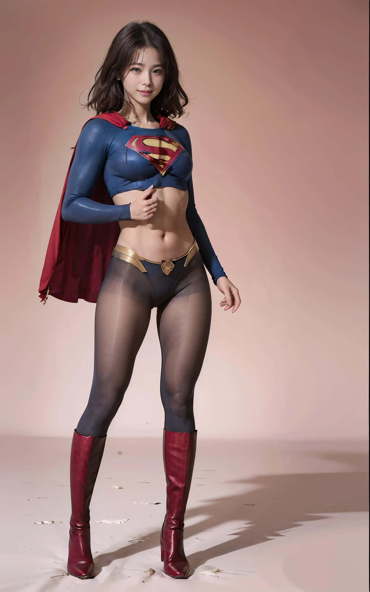No background、(((Beautiful legs in black tights.)))、(((Legally express the beauty of your smile)))、((((Make the most of your original images)))、(((Supergirl Costume)))、(((Beautiful Hair)))、(((suffering)))、(((Please wear black tights....、Wear red boots)))、((Best image quality、8k))、((Highest quality、8k、masterpiece:1.3))、(((Preserve background )))、Sharp focus:1.2、Beautiful woman with perfect figure:1.4、Slim Abs:1.2、Wet body:1.5、Highly detailed face and skin texture、8k