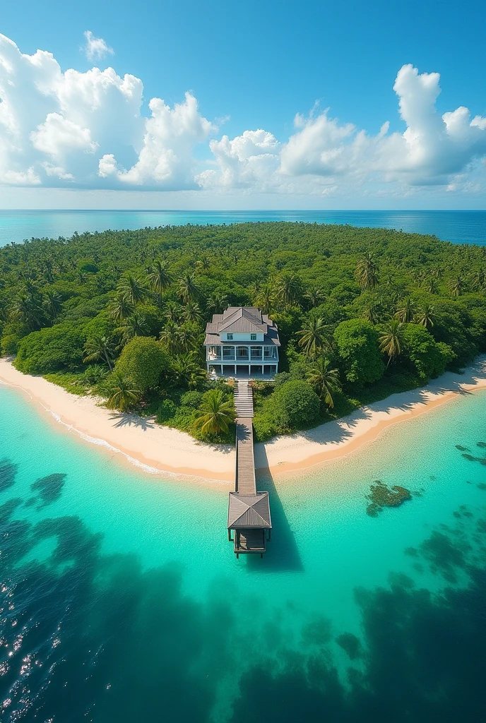 only big tropikal island from sky 
in the middle sea
trees 
alone big house 
dock
beach 