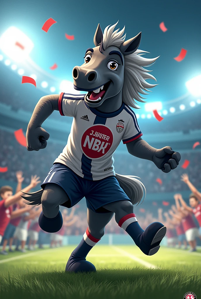 A football team mascot, the mascot is a horse, colors must be gray, black andwhite, the team's name is juventus of the northeast
