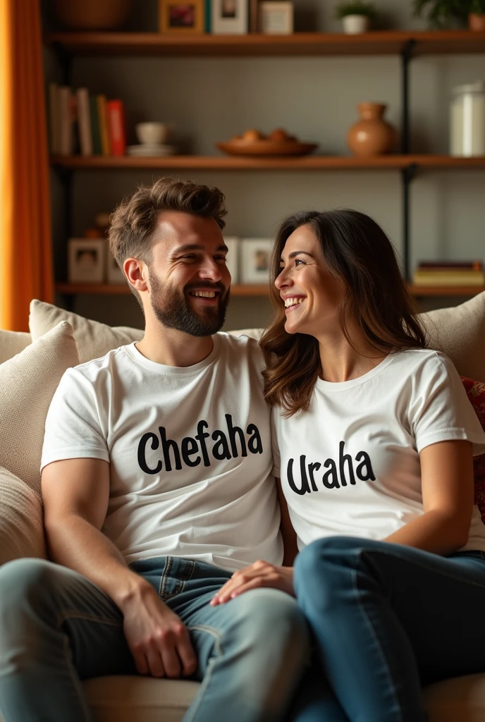 Chefaha with a t-shirt writing a chefaha on front and his lover usinga they sitting on coach if her lover t-shirt writing a uraha
